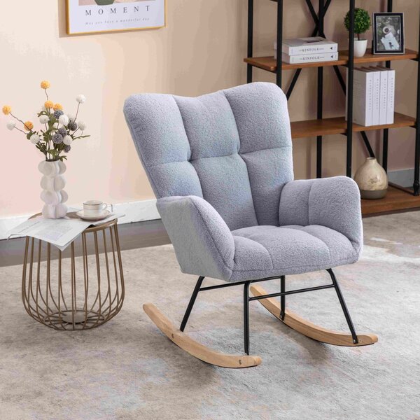 Mid Century Modern Teddy Fabric Tufted Upholstered Rocking Chair with Padded Seat, Rocking Chair for Nursery, 80x70x95 cm, Light Grey Aosom UK