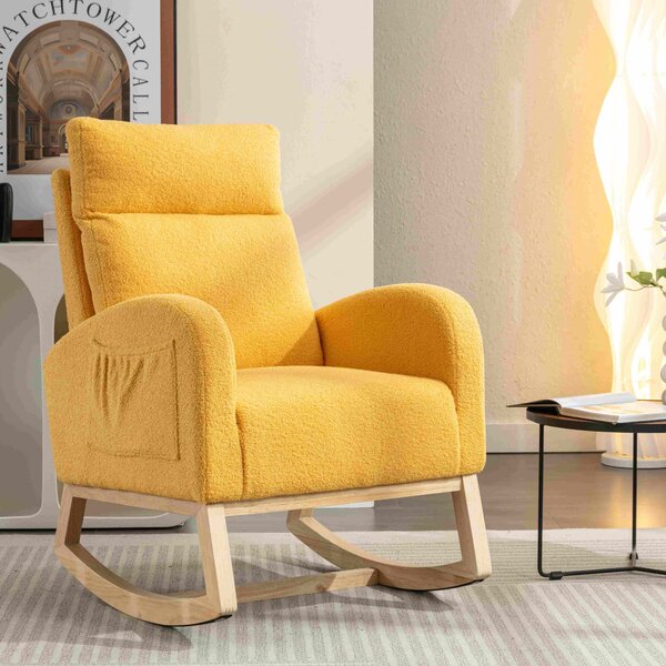 Modern Accent Rocking Chair with Solid Wood Legs, Rocking Chair with Padded Seat, Upholstered Nursery Glider Rocker, 88x71x104.5 cm, Yellow Aosom UK