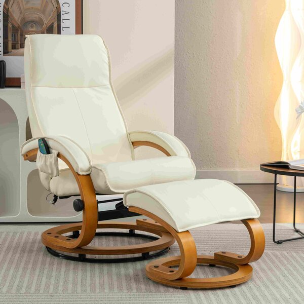 PU Leather Recliner Massage Chair with Ottoman Footstool and 5 Point Massager, Sturdy Bentwood Base, for Living Room, 85x67x103 cm, Beige Aosom UK