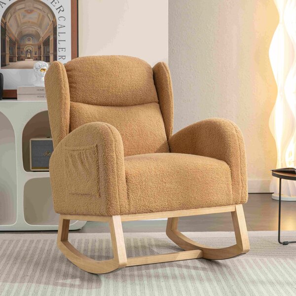 Modern Teddy Fabric Upholstered Rocking Chair Set with Wingback Padded Seat for Living Room, Modern Single Sofa, 96.5x71x101 cm, Khaki Aosom UK