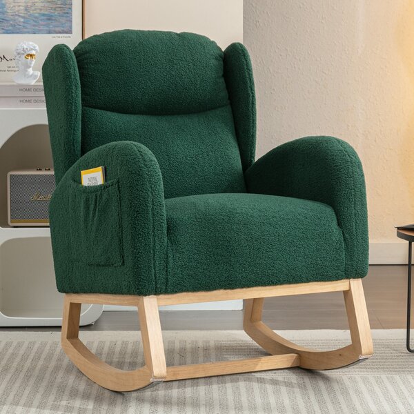 Modern Teddy Fabric Upholstered Rocking Chair Set with Wingback Padded Seat for Living Room, Modern Single Sofa, 96.5x71x101 cm, Green Aosom UK