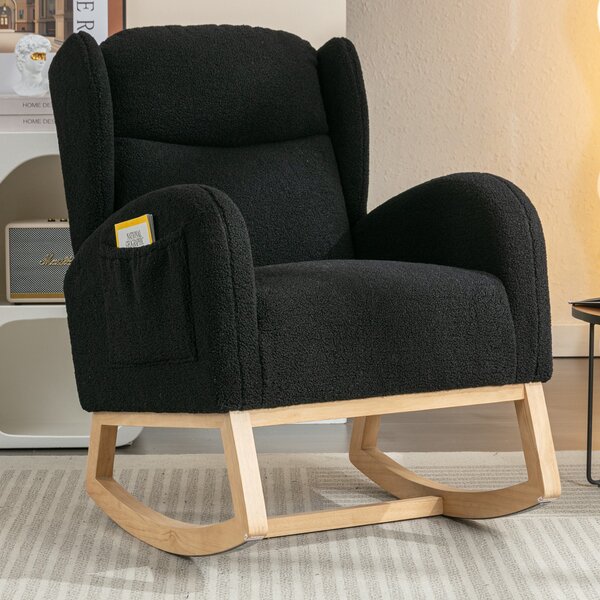 Modern Teddy Fabric Upholstered Rocking Chair Set with Wingback Padded Seat for Living Room, Modern Single Sofa, 96.5x71x101 cm, Black Aosom UK