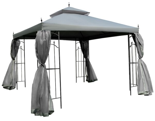 Outsunny 3(M)x3(M) Garden Gazebo Double Top Outdoor Canopy Patio Event Party Wedding Tent Backyard Sun Shade with Mesh Curtain - Grey