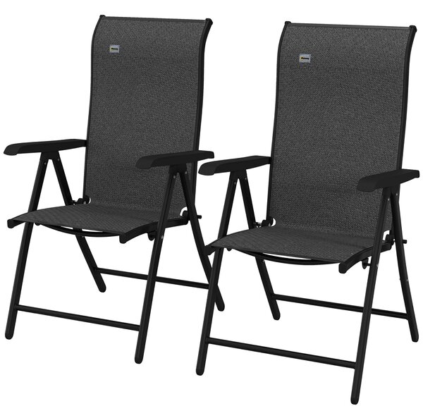 Outsunny Set of 2 Outdoor Wicker Folding Chairs, Patio PE Rattan Dining Armrests Chair set with 7 Levels Adjustable Backrest, for Camping