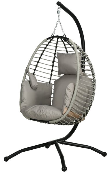 Outsunny Outdoor Swing Chair with Thick Padded Cushion, Patio Hanging Chair with Metal Stand, Foldable Basket, Cup Holder, Rope Structure, for Indoor & Outdoor, Grey