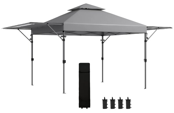 Outsunny 5 x 3(m) Pop Up Gazebo with Extend Dual Awnings, 1 Person Easy up Marquee Party Tent with 1-Button Push, Double Roof, Wheeled Bag, Sandbags, Height Adjustable Instant Shelter, Grey