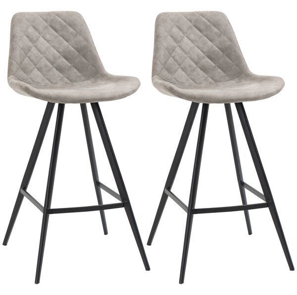 HOMCOM Set of 2 Bar Chairs, Vintage Microfiber Cloth Tub Stools, Padded Comfortable Seat with Steel Frame and Footrest, Quilted, Kitchen or Cafe, Grey