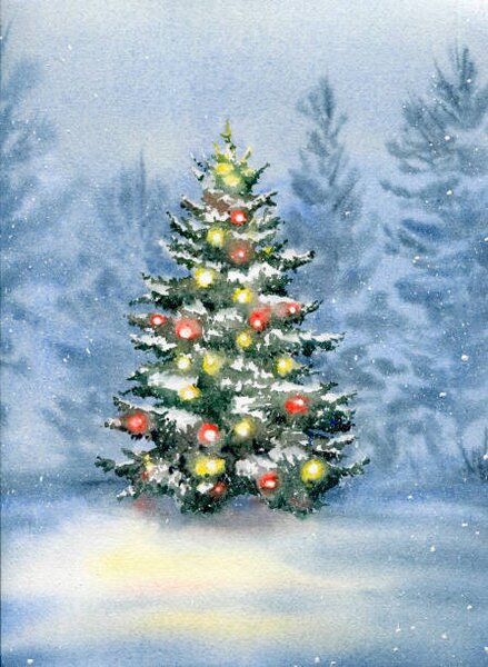 Art Print Christmas tree decorated with balls in, Evgeniya_Mokeeva