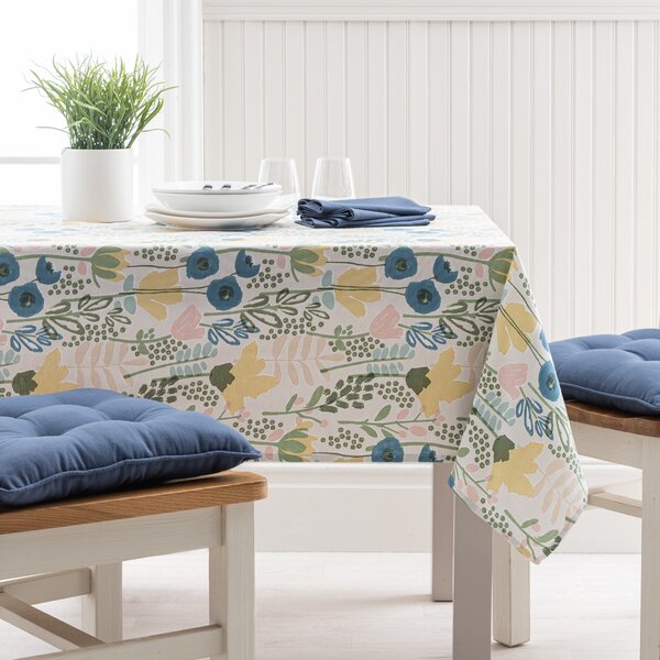 Abstract Floral Wipe Clean Tablecloth White/Green/Yellow