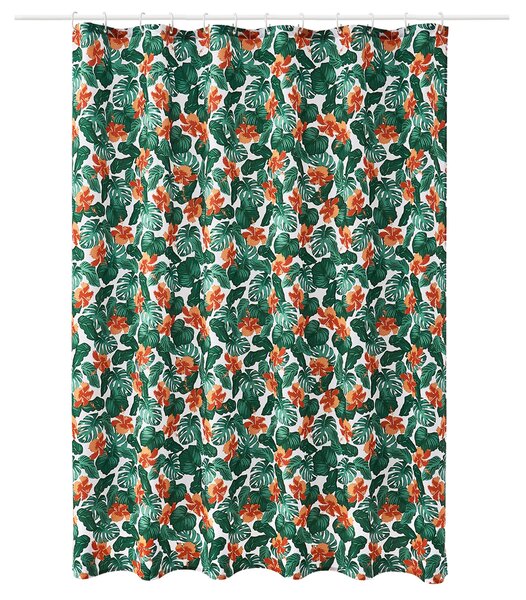 Aqualona Tropical Leaf Shower Curtain White, Green and Red
