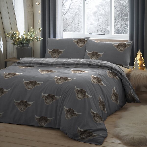 Fusion Highland Cow Grey Reversible Duvet Cover and Pillowcase Set Light Grey