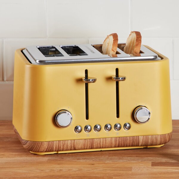 Contemporary 4 Slice Ochre Yellow Toaster Yellow, Brown and Silver