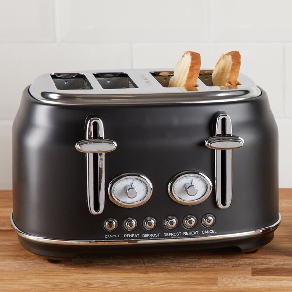 Retro 4 Slice Matt Black Toaster Black and Silver