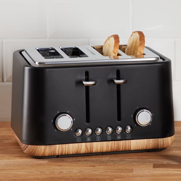 Contemporary 4 Slice Matt Black Toaster Black and Brown