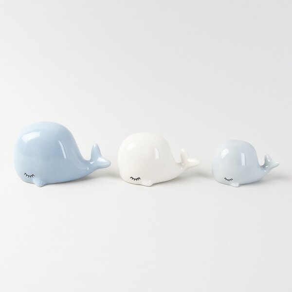 Set of 3 Ceramic White and Blue Whales Blue and White