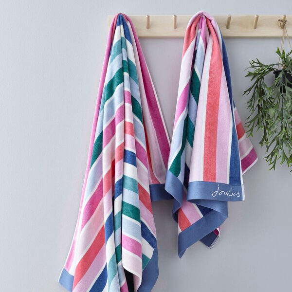 Joules Lost Garden 100% Cotton Striped Beach Towel Pink, Green and White