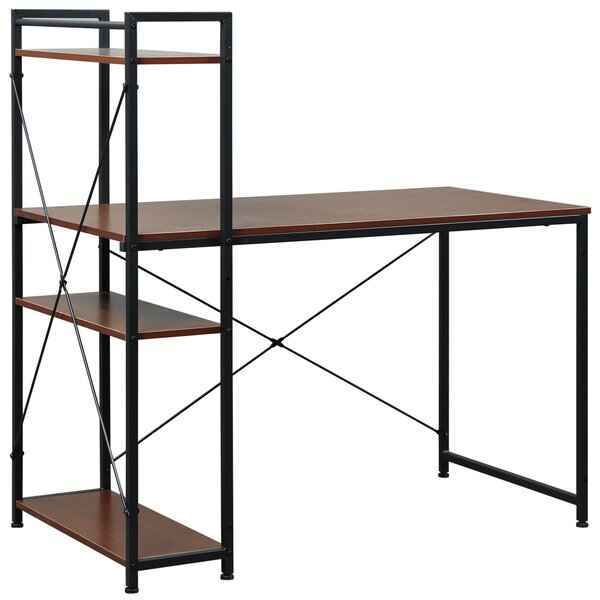 HOMCOM Workstation Desk with 4-Tier Bookshelf, Study PC Table, Home Office, Metal Frame, Wooden Top, Walnut & Black Aosom UK