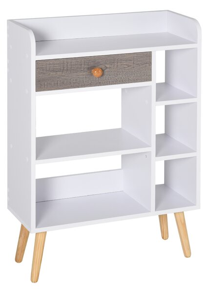 HOMCOM Multi-Shelf Modern Bookcase Freestanding Storage w/ Drawer 6 Shelves Wood Legs Home Office Display Furniture Stylish White Grey Aosom UK