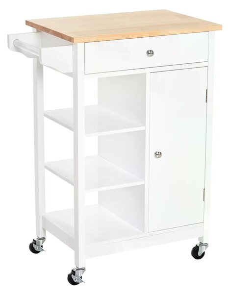 HOMCOM Kitchen Storage Trolley Unit w/ Wood Top 3 Shelves Cupboard Drawer Rail 4 Wheels Handles Moving Shelf Handy Spacesaver White Aosom UK