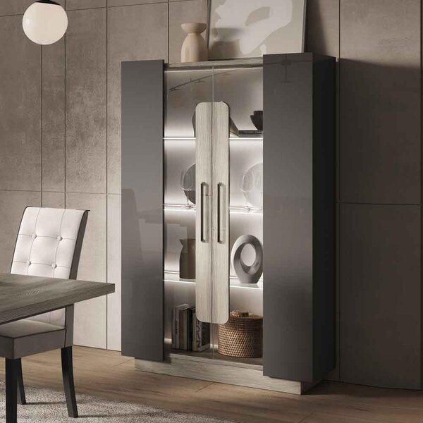 Avora High Gloss Display Cabinet with 2 Doors in Dark Grey Pine and LED
