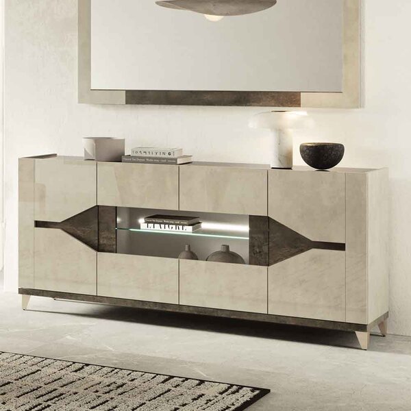 Fabio High Gloss Sideboard with 4 Doors in Warm Grey Marble Effect and LED