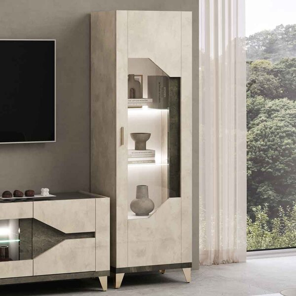 Fabio High Gloss Display Cabinet with 1 Door in Warm Grey Marble Effect and LED