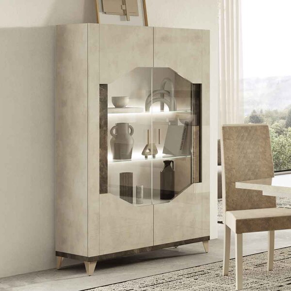 Fabio High Gloss Display Cabinet with 2 Doors in Warm Grey Marble Effect and LED