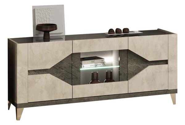 Fabio High Gloss Sideboard with 3 Doors in Warm Grey Marble Effect and LED