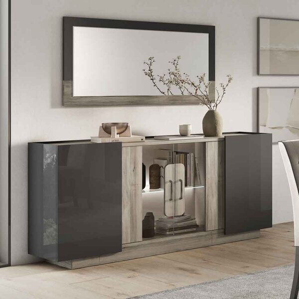 Avora High Gloss Sideboard with 4 Doors in Dark Grey Pine and LED