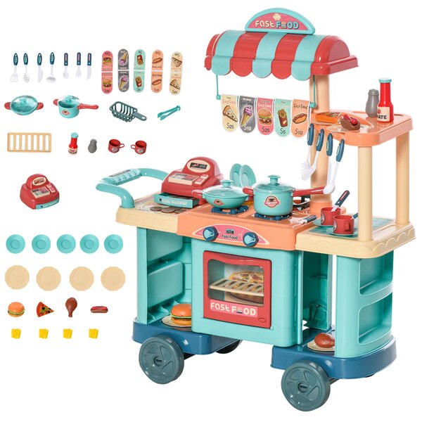 HOMCOM 50 Pcs Kids Kitchen Play set Fast Food Trolley Cart Pretend Playset Toys w/ Money Cash Register Accessories Gift for Age 3-6 Aosom UK