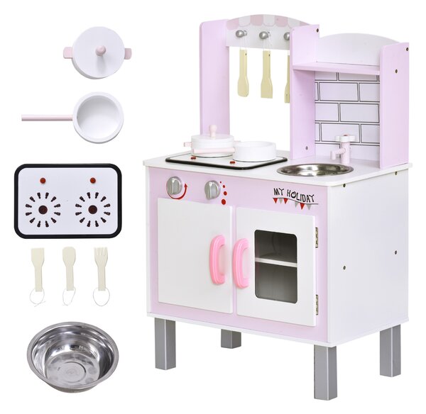 HOMCOM Kids Kitchen Play Set Wooden Pretend Play Toy w/ Sounds Utensils Pans Storage Child Role Play Accessories for 3 Years+ Pink