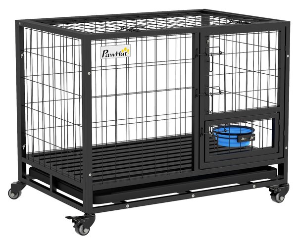 PawHut Heavy Duty Dog Crate on Wheels w/ Bowl Holder, Removable Tray, Detachable Top, Double Doors for L, XL Dogs Aosom UK