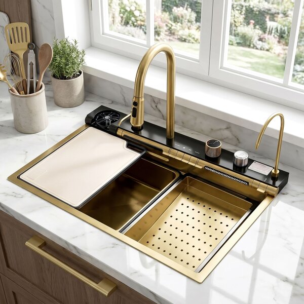 Multifunctional 10-in-1 steel sink REA Alonzo Brush Gold