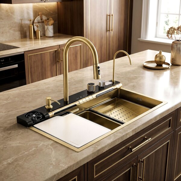 Multifunctional 10-in-1 steel sink REA Alonzo Brush Gold