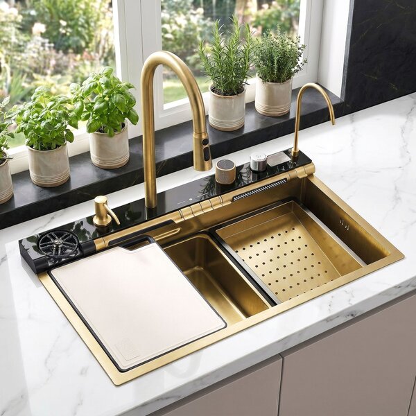 Multifunctional 10-in-1 steel sink REA Alonzo Brush Gold