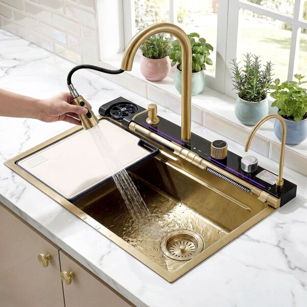 Multifunctional 10-in-1 steel sink REA Alonzo Brush Gold