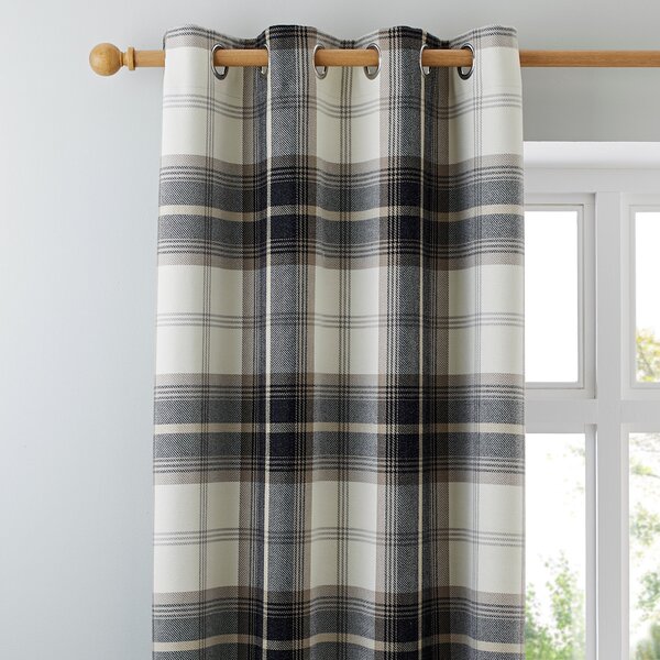 Highland Check Charcoal Eyelet Curtains Charcoal and White