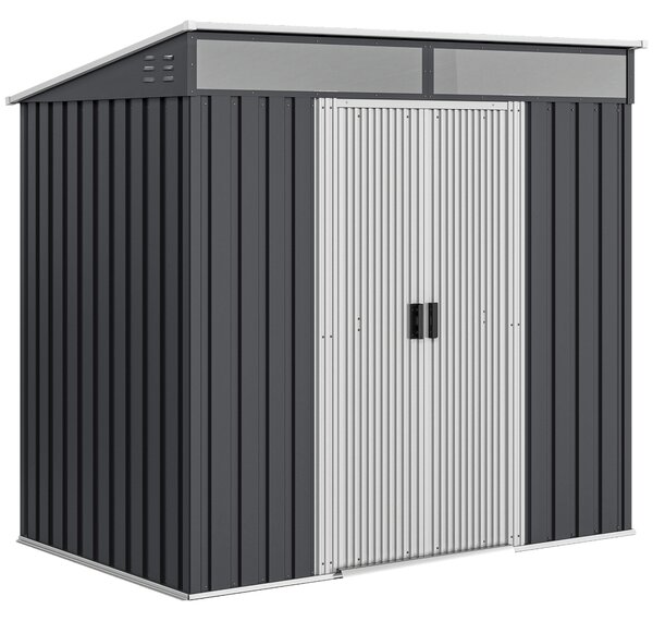 Outsunny 4x6 Metal Shed with Foundation, Lockable Sliding Doors, Garden Shed with 2 Vents for Bike and Tool, Grey Aosom UK