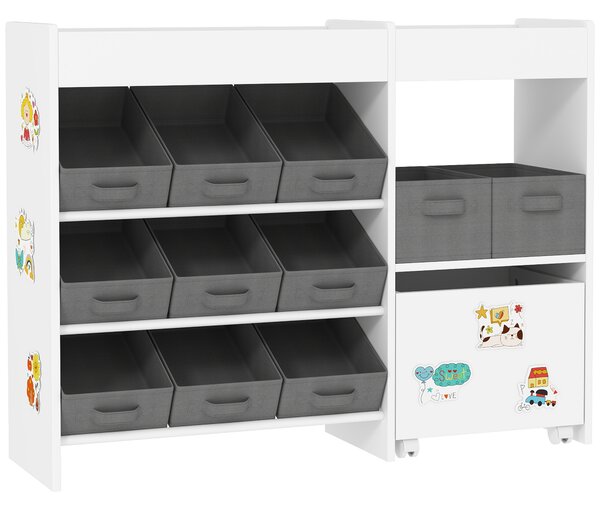 AIYAPLAY Kids Toy Storage Unit with 11 Bins, Cabinet, Top Shelves, 3 Stickers, for Nursery, Playroom, Kindergarten, White