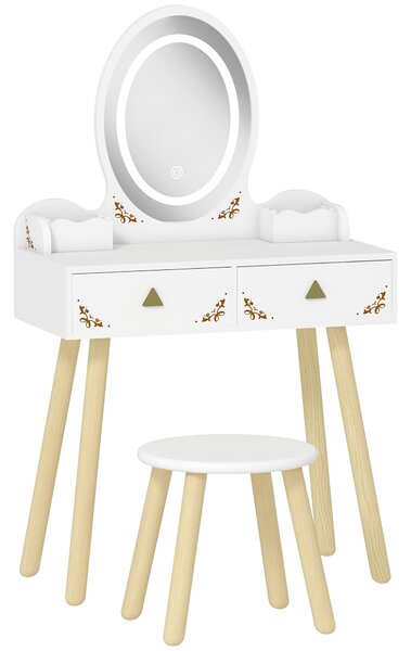 AIYAPLAY Kids Vanity Table and Chair Set with 3-Colour LED Lights Mirror, Drawer, Storage Boxes, for 3+ Years, White