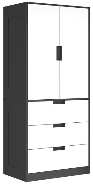 HOMCOM Modern Wardrobe Double-Door Wardrobe with Drawers Black & White Wardrobe 3 Drawers & Hanging Rod, Black & White Aosom UK