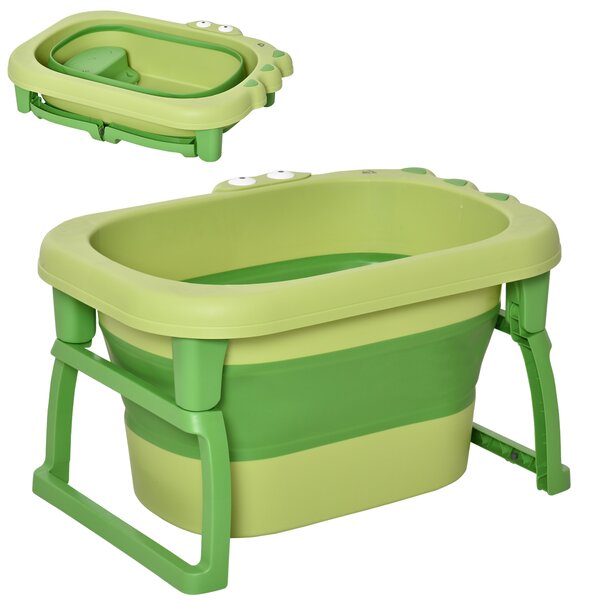 HOMCOM Baby Bath Tub for Newborns to Toddlers, Collapsible Non-Slip Portable Bath with Stool Seat for Infants, Crocodile Shape, Green Aosom UK