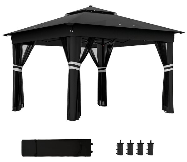 Outsunny 3 x 3(m) Pop Up Gazebo Party Tent with Solar-Powered LED Lights, Adjustable Event Shelter with Netting, Black
