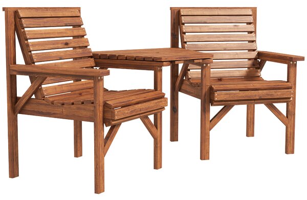 Outsunny Wooden Garden Love Seat w/ Coffee Table Umbrella Hole, Tan Brown