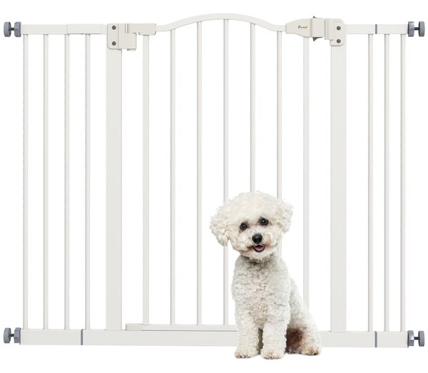 PawHut Metal 74-100cm Adjustable Pet Gate Safety Barrier w/ Auto-Close Door White Aosom UK