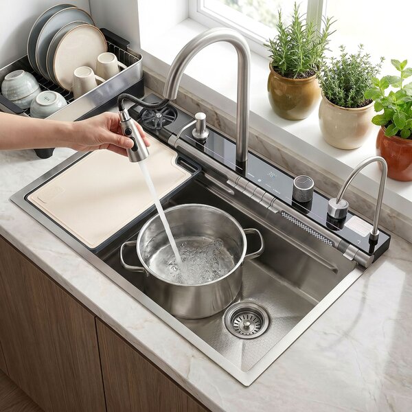Multifunctional 10-in-1 steel sink REA Alonzo Brush Nickel
