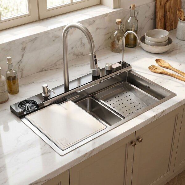 Multifunctional 10-in-1 steel sink REA Alonzo Brush Nickel