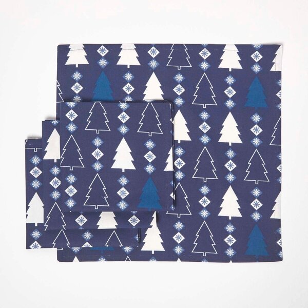 Homescapes Set of 4 Blue Napkins 100% Cotton Christmas Tree Design