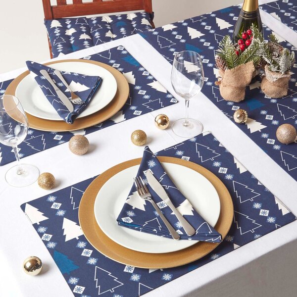 Homescapes Set of 4 Blue Placemats 100% Cotton Christmas Tree Design