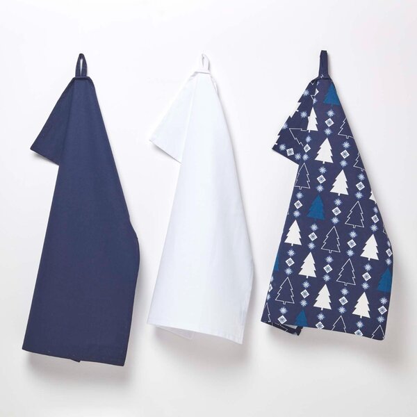 Homescapes Set of 3 Blue Tea Towels Cotton Christmas Tree Design